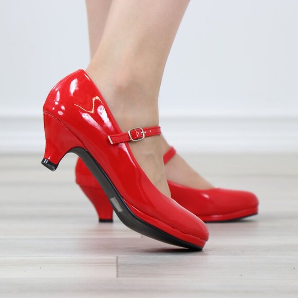 Red Patent Rockabilly Vintage Style Round Toe Kitten Low Heel Shoes - Picture 5 of 12